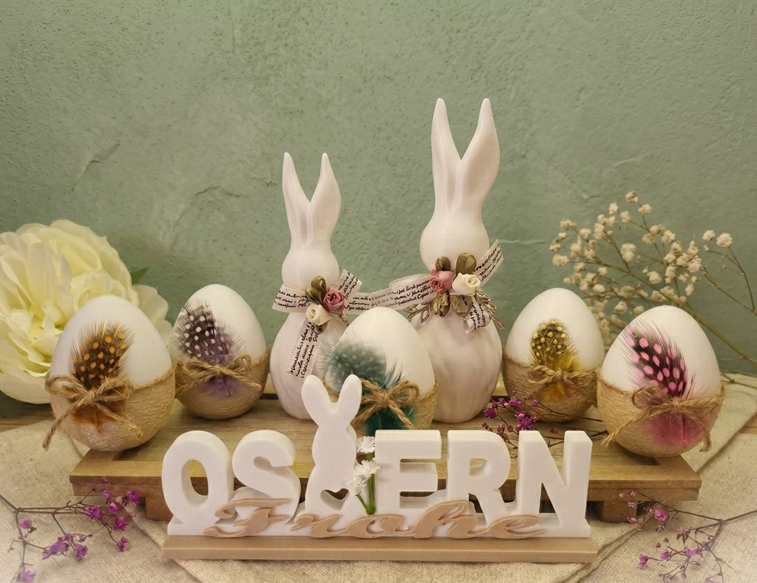 Skandinavisches Oster-Deko-Set weiß-beige mit Osterhasen, Ostereiern und OSTERN Schriftzug - Handmade 3D-Druck
