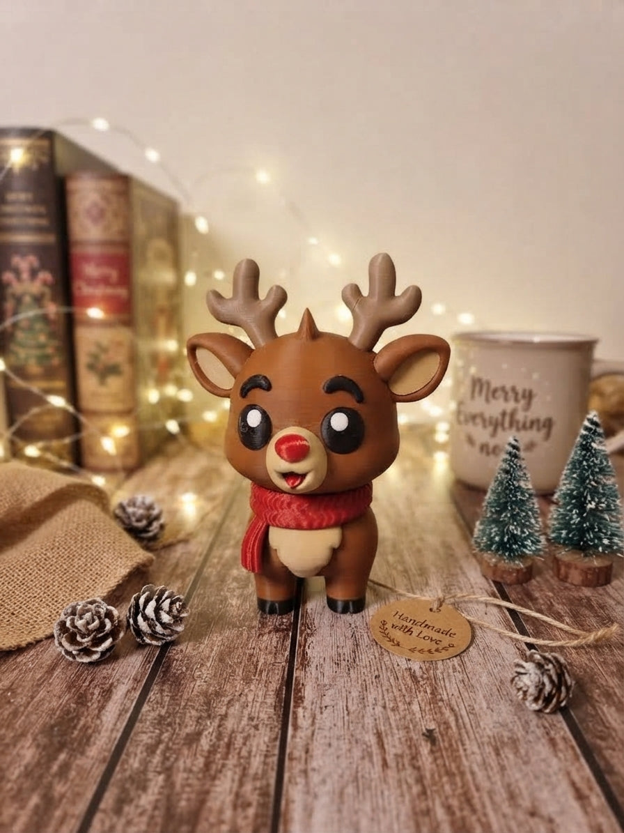 Rentier-Dekorationsfigur aus PLA mit rotem Schal vor Weihnachtsdekoration
