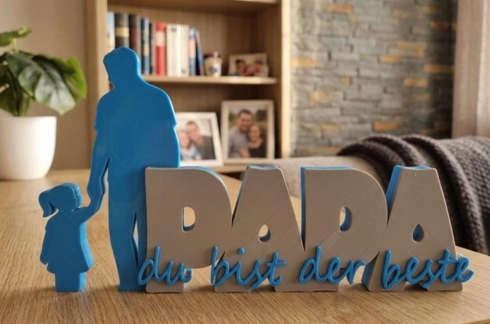 Vatertagsgeschenk 3D Druck Aufsteller „Papa du bist der Beste“ – Kind-Silhouette Junge oder Mädchen – Blau Grau Resin-Finish