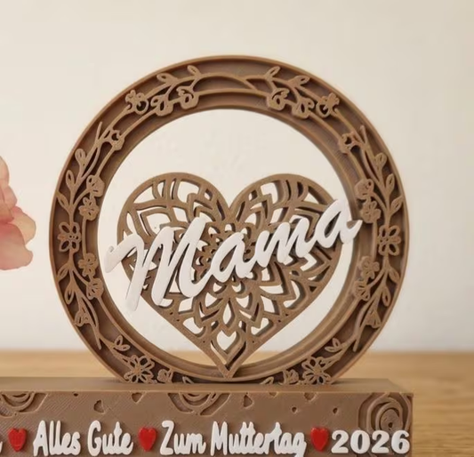 Muttertagsgeschenk 2026 Mama Herz Aufsteller 3D Druck – Danke Mama Deko Holz-Optik Braun inkl. Vase & Kunstblume