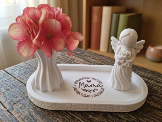 Muttertagsgeschenk Set – 3D Druck Vase mit Kunstblumen & Schutzengel auf Tablett – Deko Weiß Matt für Mama