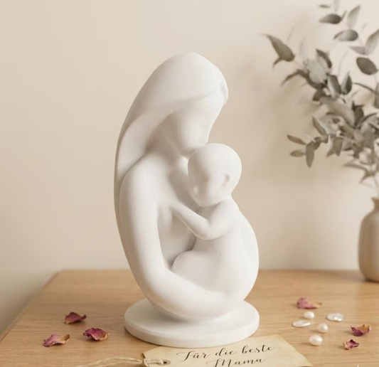 Mutter Kind Skulptur 14 cm 3D Druck Weiß – Muttertagsgeschenk fertig verpackt mit Papierrose – Geschenk für Mama