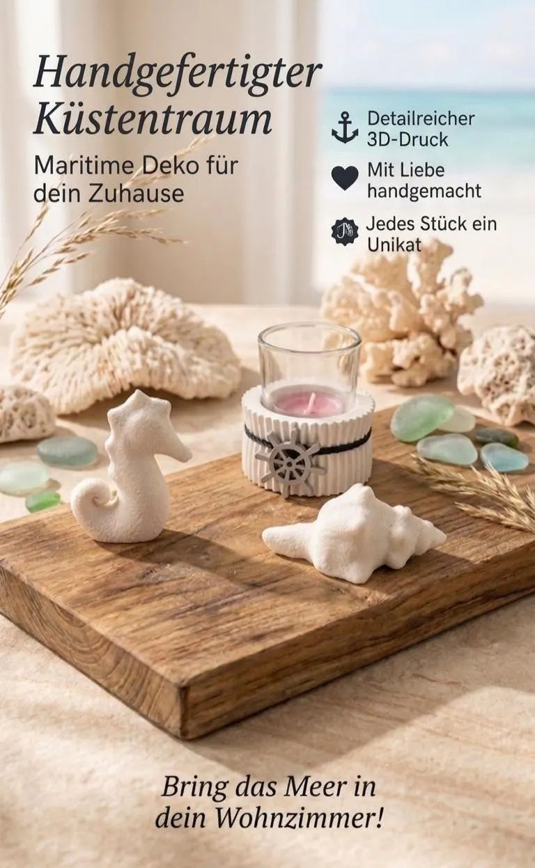 Maritimes Deko Set, Seepferdchen - Muschel - Kerzenhalter, 3D-Druck Sommerdeko
