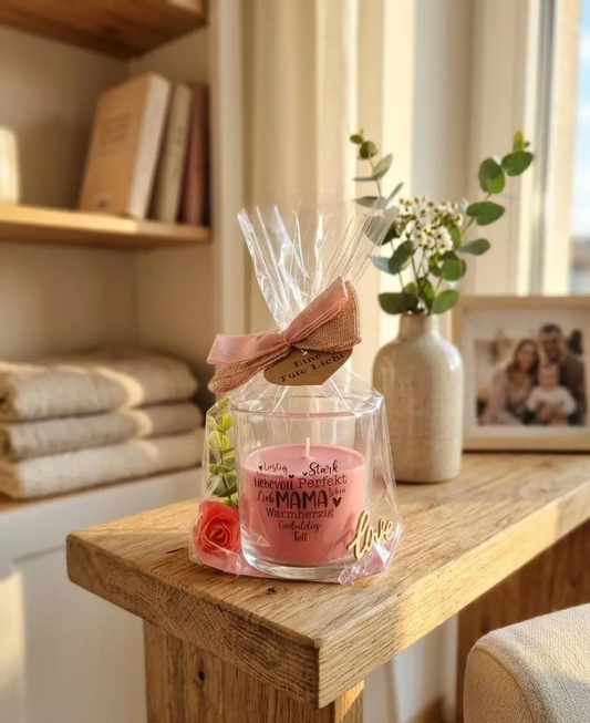 Muttertagsgeschenk Kerze im Glas – Eine Tüte Licht für Mama – 9 Designs, 2 Farben, fertig verpackt mit Rose & Schleife