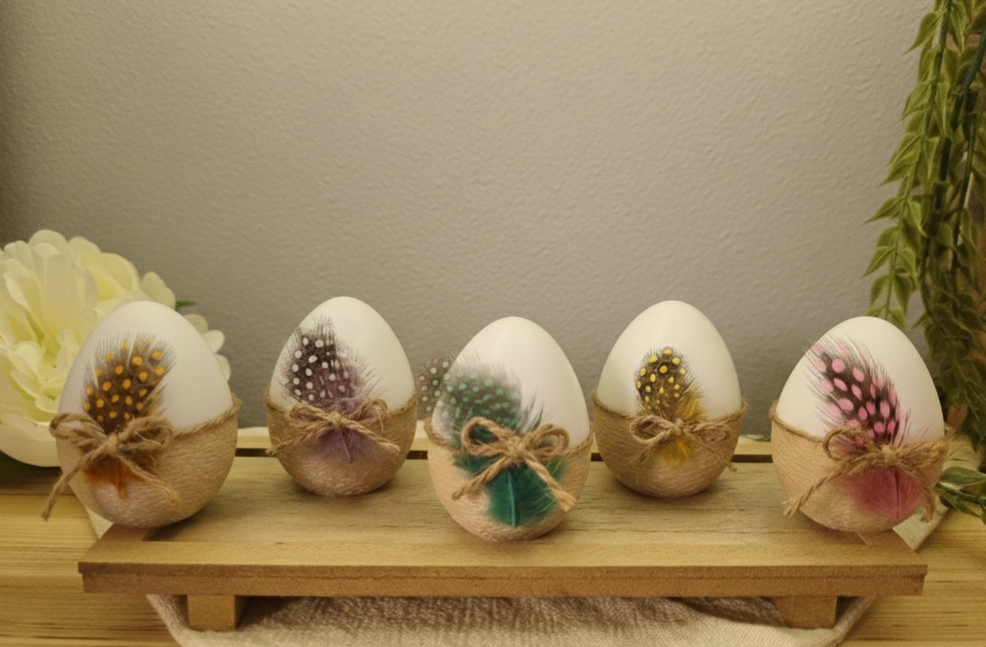Ostereier 5er-Set - Beige-Weiß mit Federn & Schnur - 3D-gedruckte Frühlingsdeko