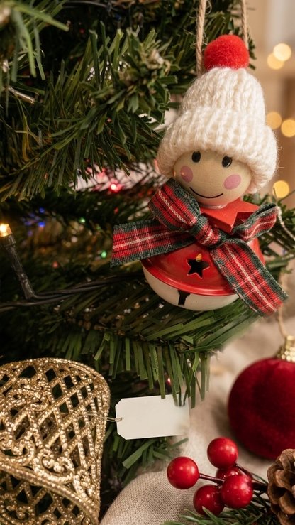 Mützen-Männchen mit weißer Strickmütze und roter Glocke am Weihnachtsbaum