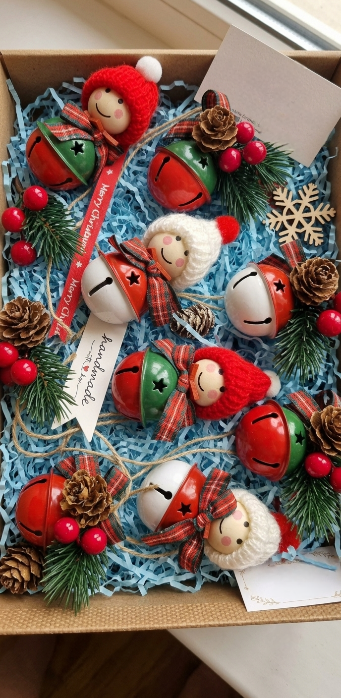 Acht Weihnachtsanhänger im Set, vier Glocken und vier Mützen-Männchen in Geschenkbox