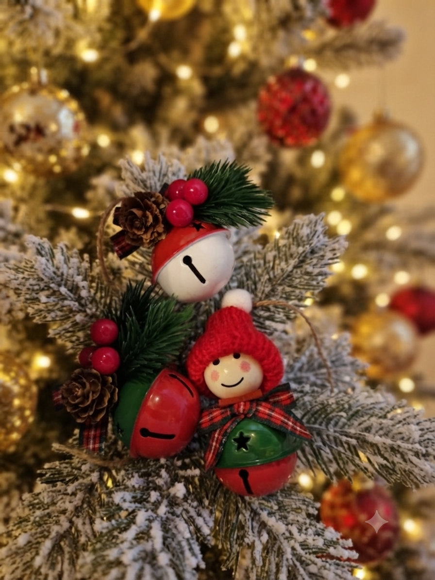 Weihnachtsglocken und Mützen-Männchen am Weihnachtsbaum
