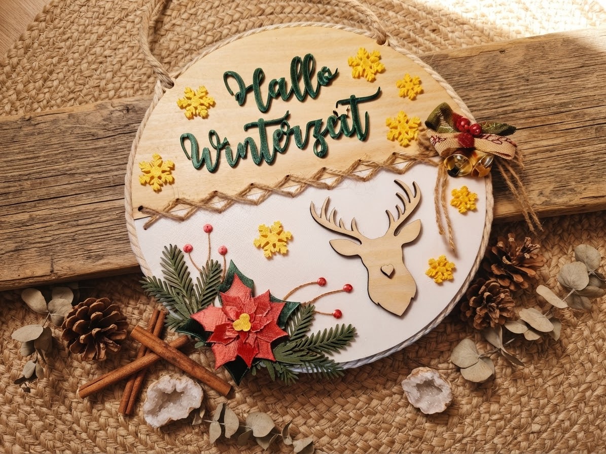 Nahaufnahme des runden Hallo Winterzeit Schilds mit gelben Schneeflocken und Hirschmotiv