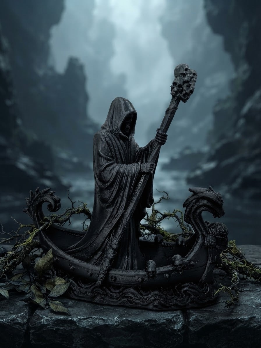 Seitenansicht der schwarzen Sensenmann-Skulptur im Boot