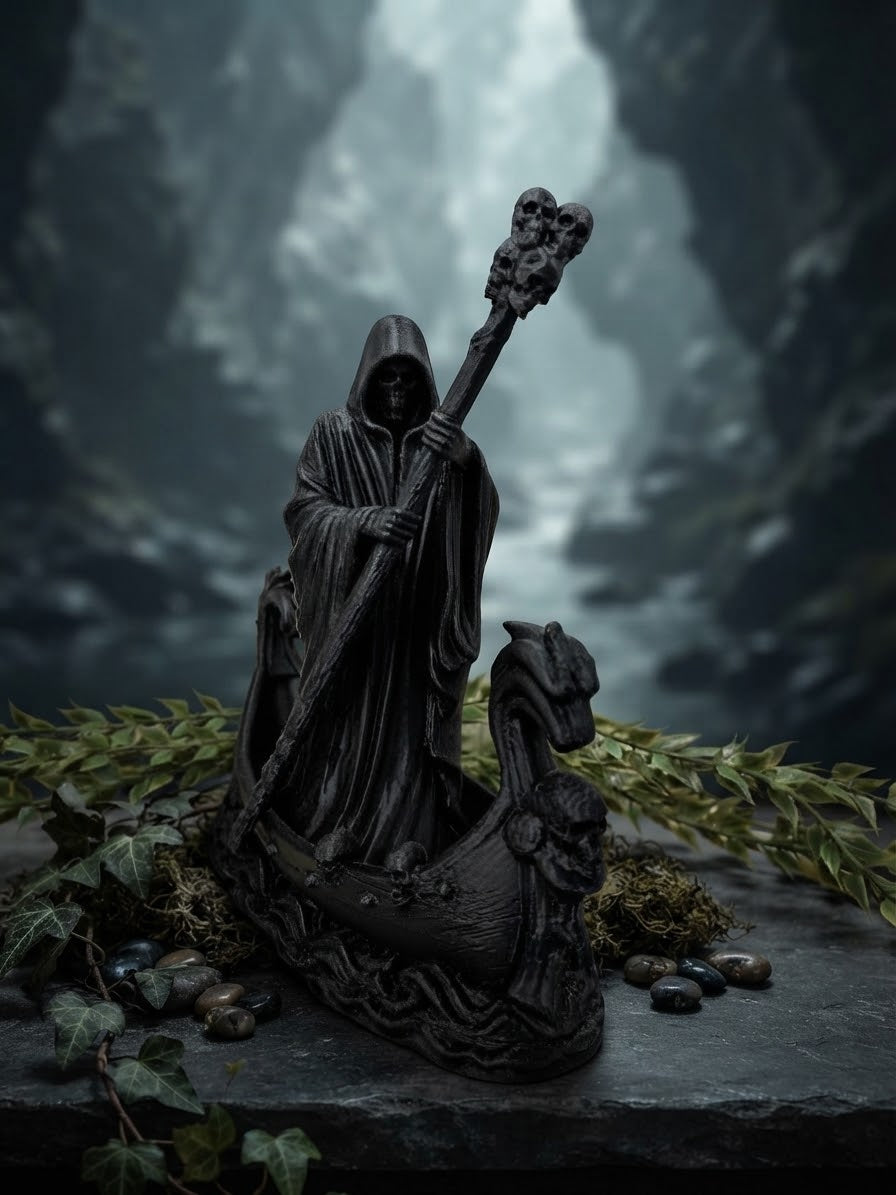 Schwarze 3D-gedruckte Sensenmann-Figur im Boot mit Totenkopfdetails