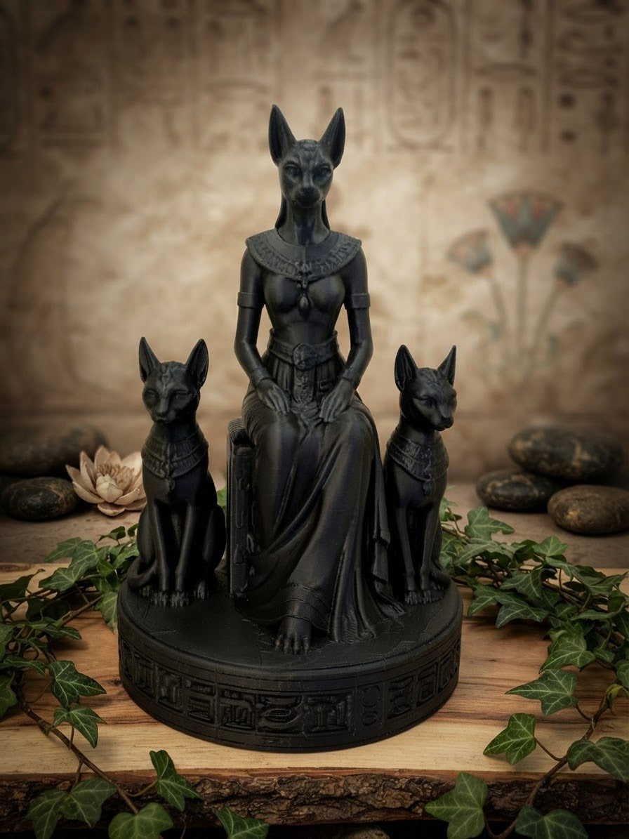 Schwarze ägyptisch inspirierte Katzen-Göttin mit zwei Katzen auf rundem Sockel, Vorderansicht