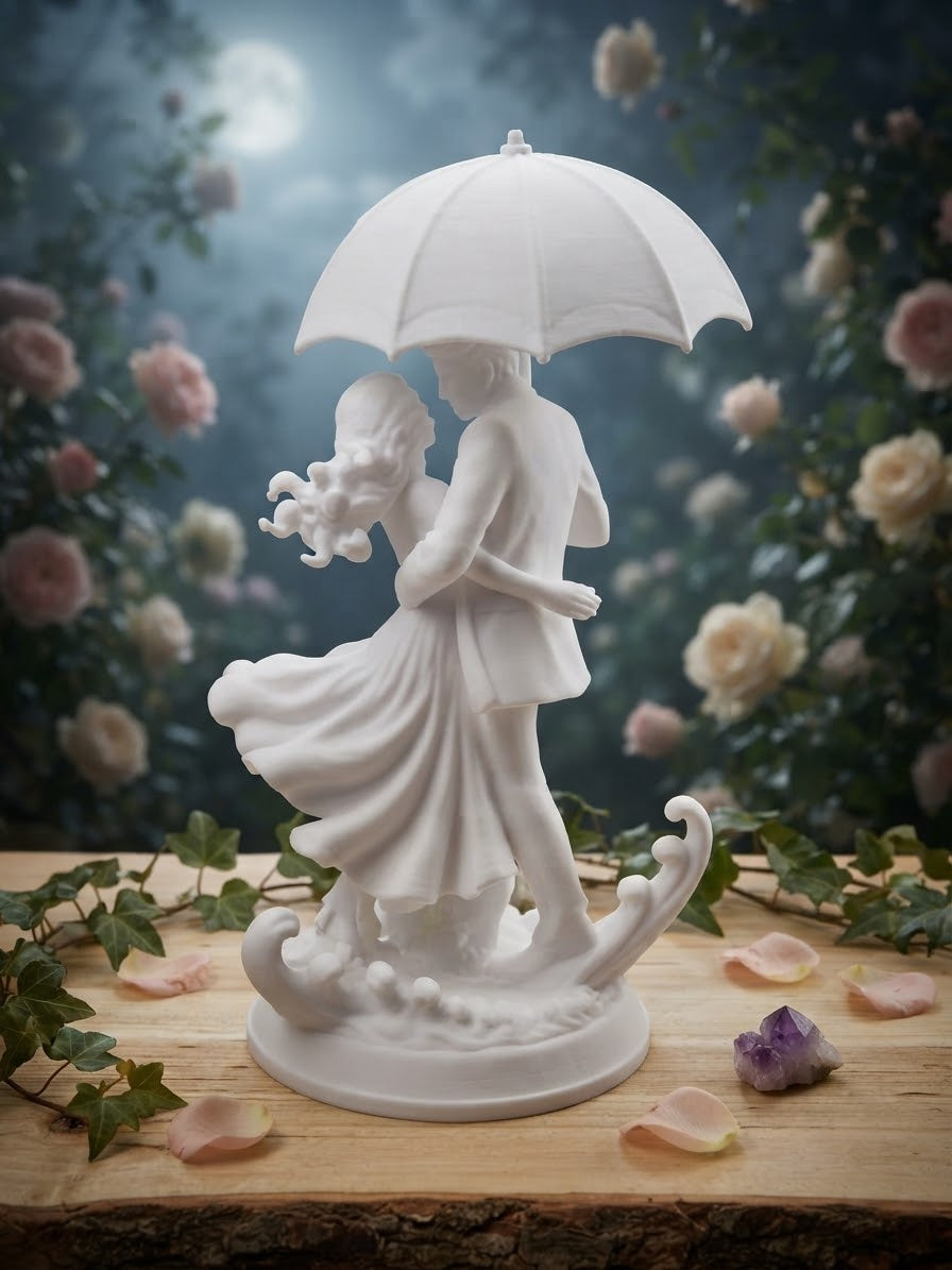 Weiße 3D-gedruckte Paar-Figur mit Regenschirm, Vorderansicht