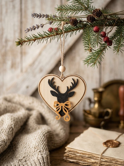 Weihnachtsanhänger Herz mit Hirsch – 2er-Set, 9 cm, Schwarz & Gold