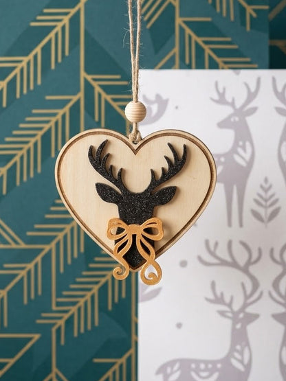 Weihnachtsanhänger Herz mit Hirsch – 2er-Set, 9 cm, Schwarz & Gold