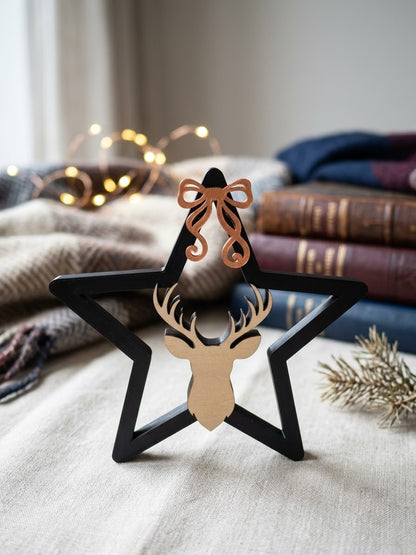 Weihnachtsaufsteller Stern mit Hirschkopf – Schwarz & Gold, 15 cm
