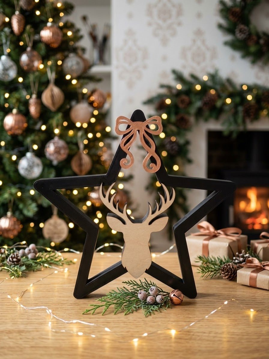 Weihnachtsaufsteller Stern mit Hirschkopf – Schwarz & Gold, 15 cm