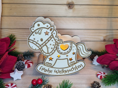 Schaukelpferd Teelicht Frohe Weihnachten aus Holz mit LED-Lichteffekt