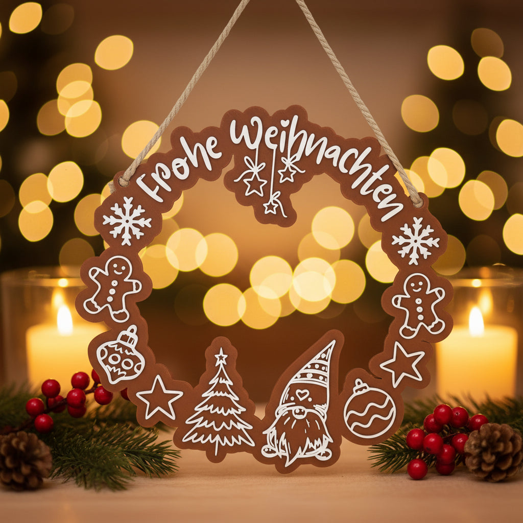 Weihnachtskranz Frohe Weihnachten im Lebkuchen-Look mit Wichtel und Weihnachtsmotiven