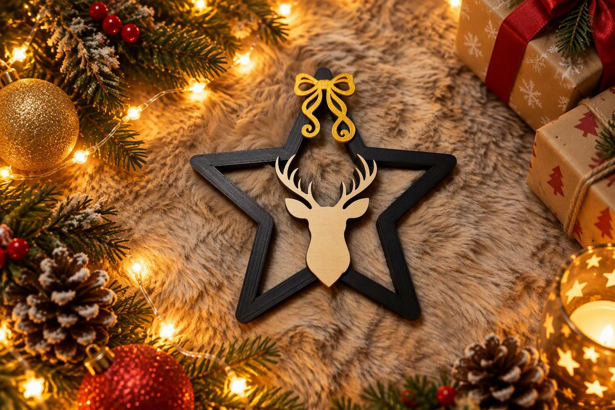 Weihnachtsaufsteller Stern mit Hirschkopf – Schwarz & Gold, 15 cm