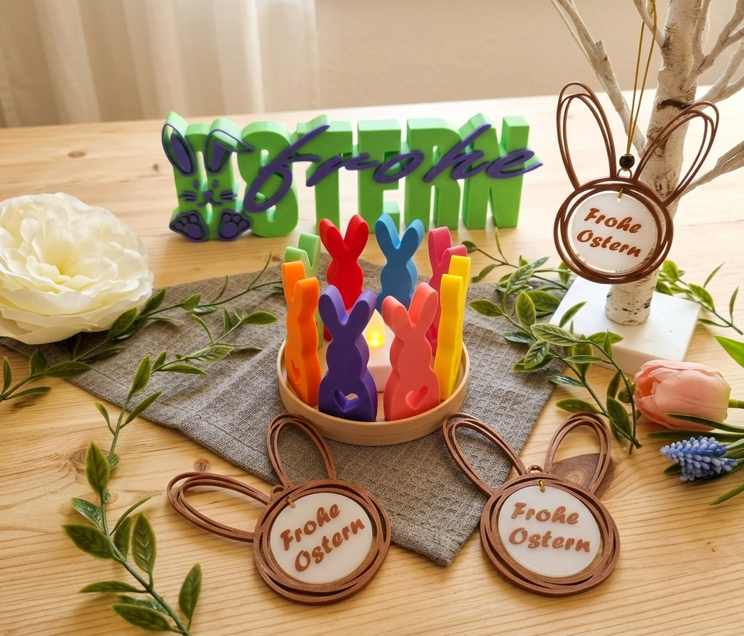Buntes Oster-Deko-Set mit LED-Teelichthalter Hasen-Parade, Frohe Ostern Schriftzug und Anhänger - Handmade 3D-Druck
