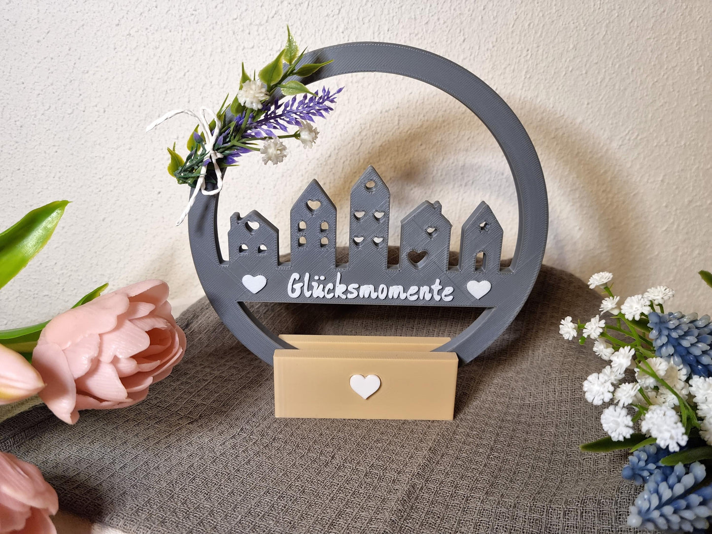 Deko-Ring 'Glücksmomente' mit Standfuß - 3D-gedruckte Tischdeko - Geschenkidee