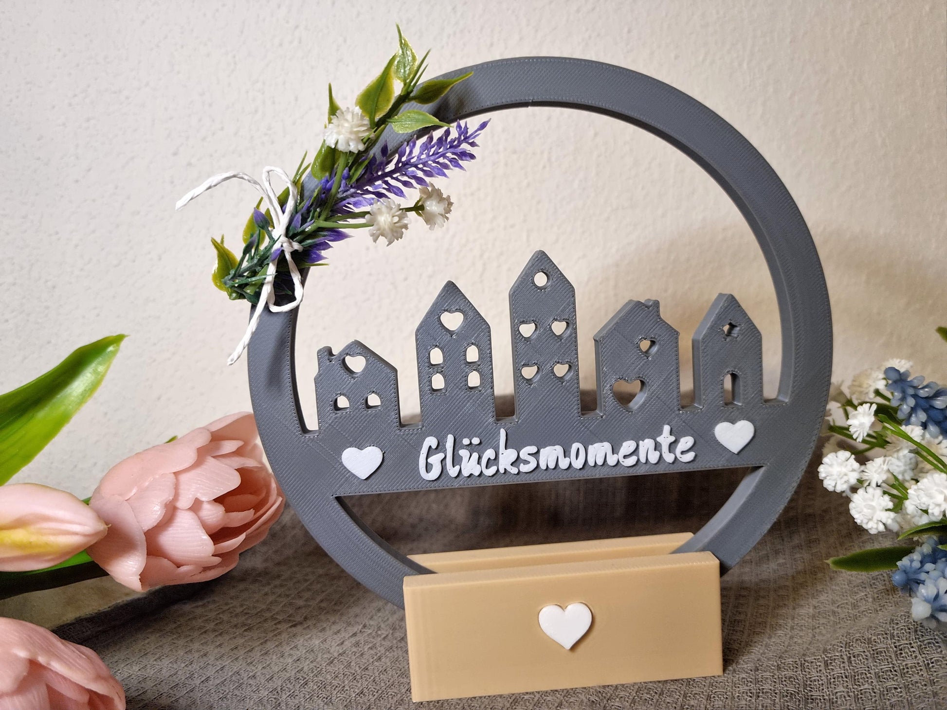 Deko-Ring 'Glücksmomente' mit Standfuß - 3D-gedruckte Tischdeko - Geschenkidee