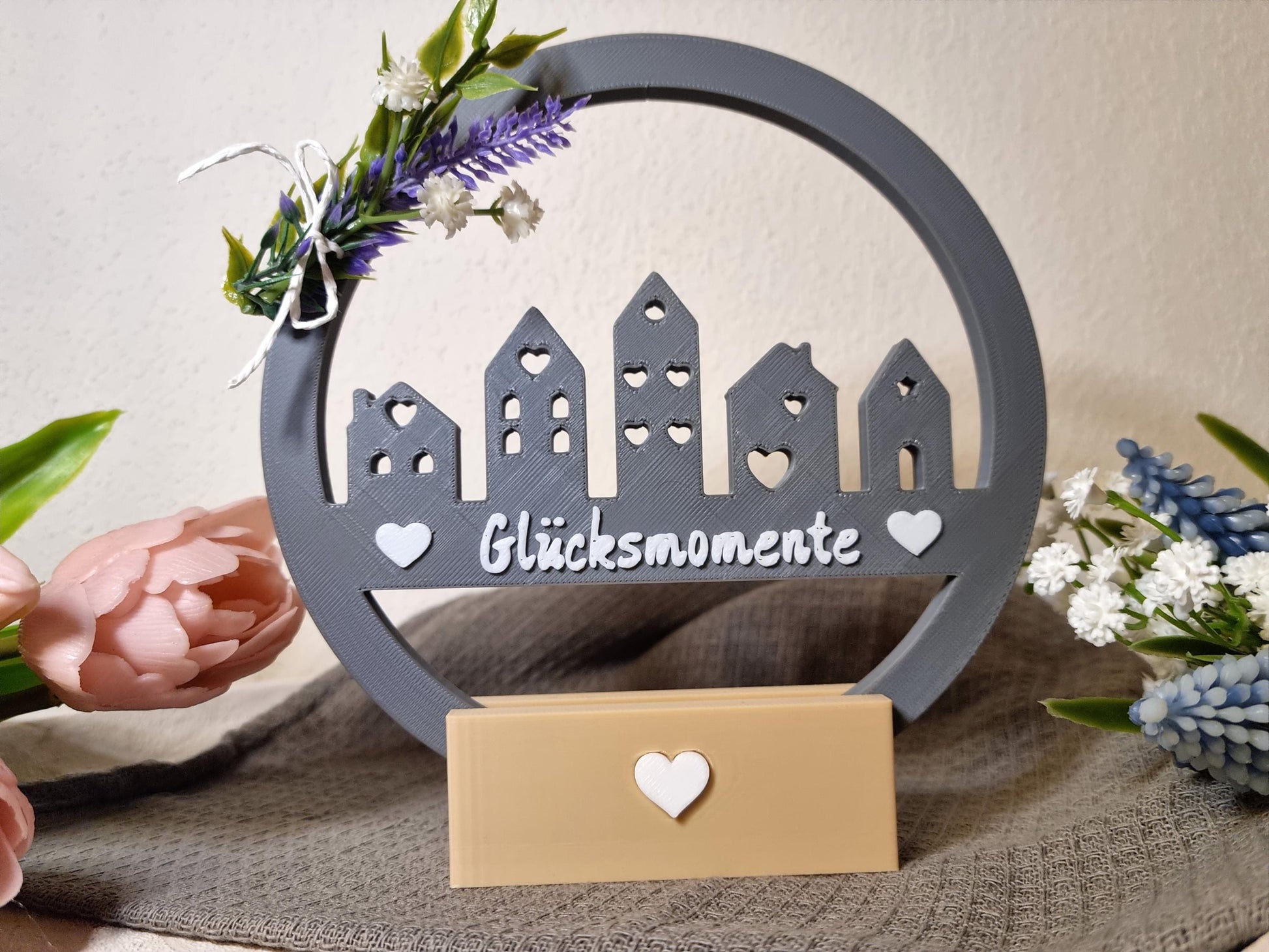 Deko-Ring 'Glücksmomente' mit Standfuß - 3D-gedruckte Tischdeko - Geschenkidee