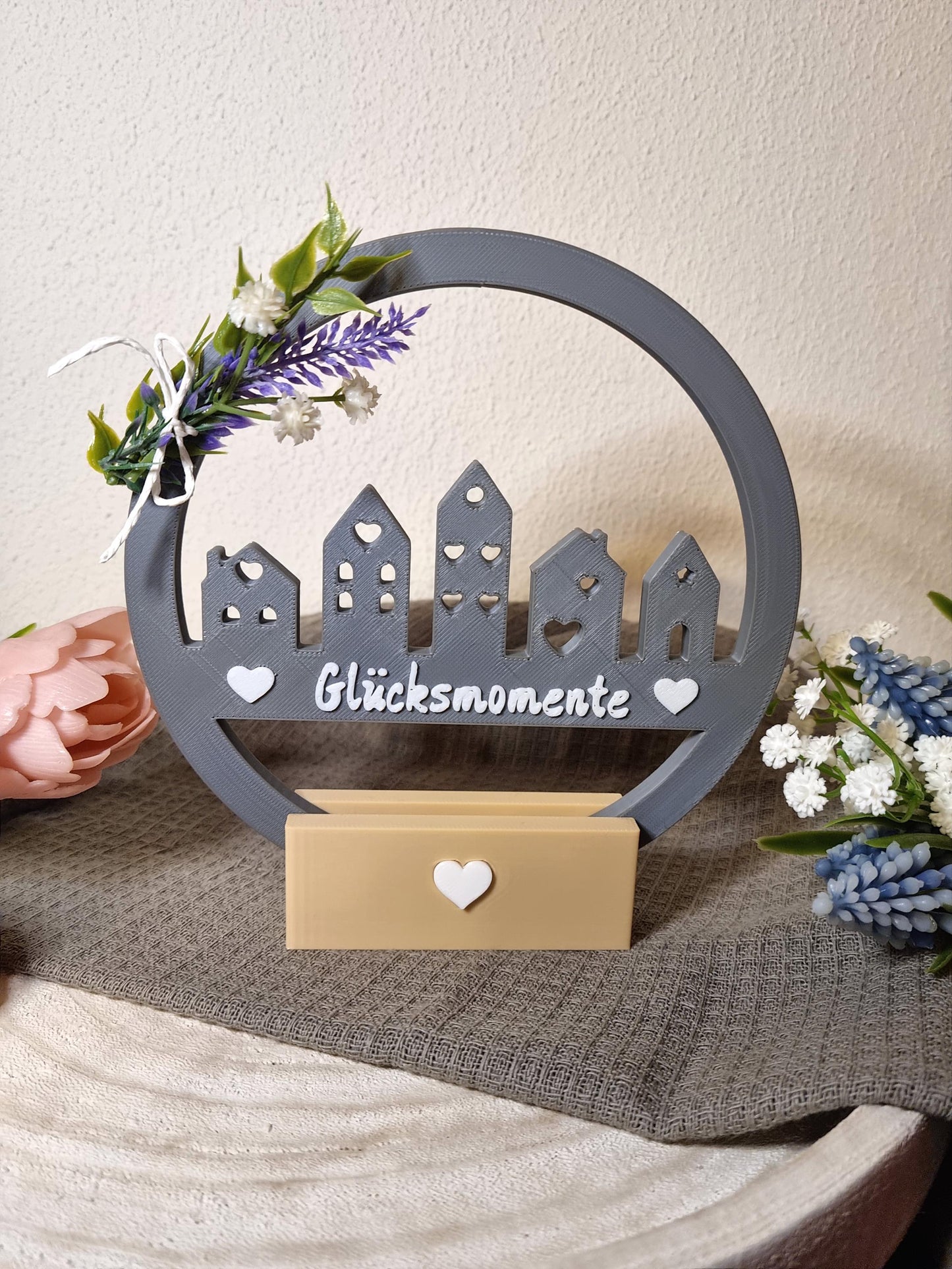 Deko-Ring 'Glücksmomente' mit Standfuß - 3D-gedruckte Tischdeko - Geschenkidee