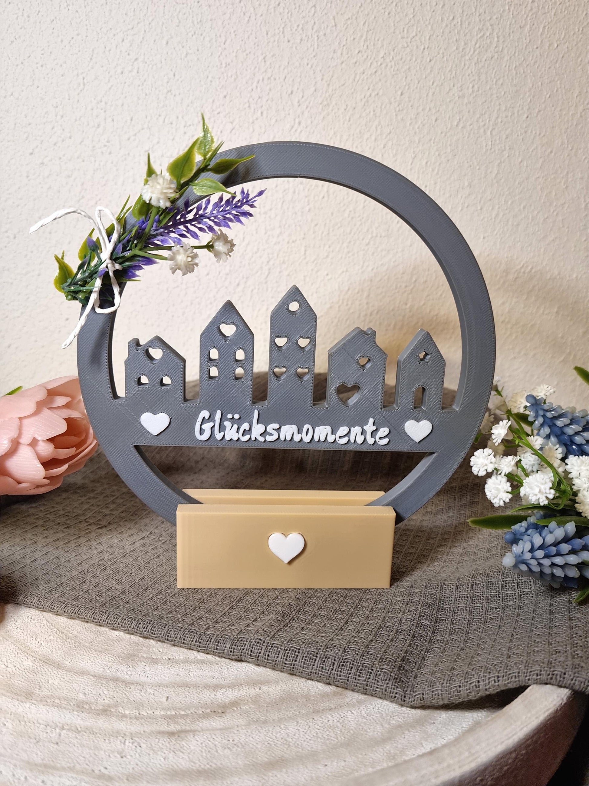 Deko-Ring 'Glücksmomente' mit Standfuß - 3D-gedruckte Tischdeko - Geschenkidee