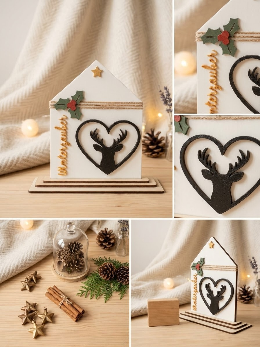 Weihnachtsaufsteller Häuschen „Winterzauber“ mit Hirsch – 16 cm