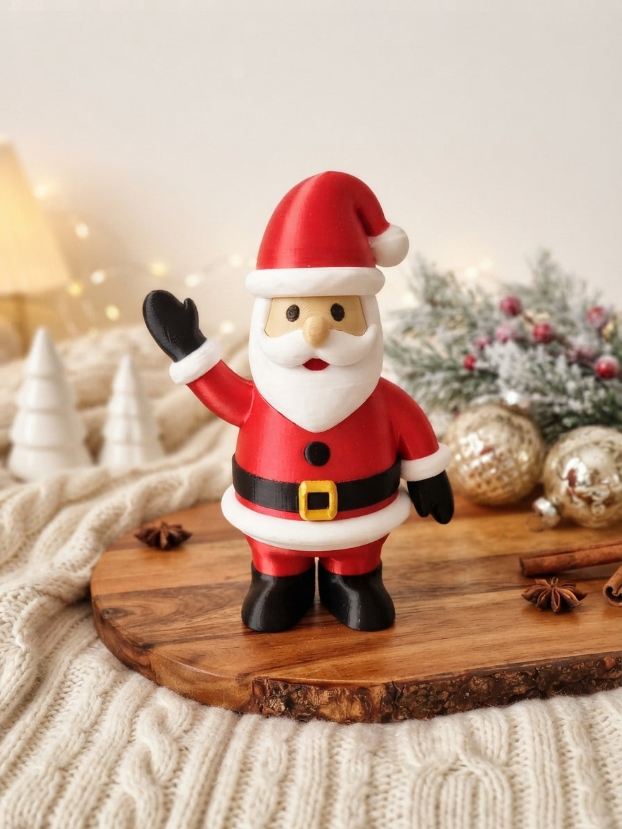 Winkende Weihnachtsmann-Figur mit rotem Anzug und weißem Bart auf winterlich dekoriertem Tisch