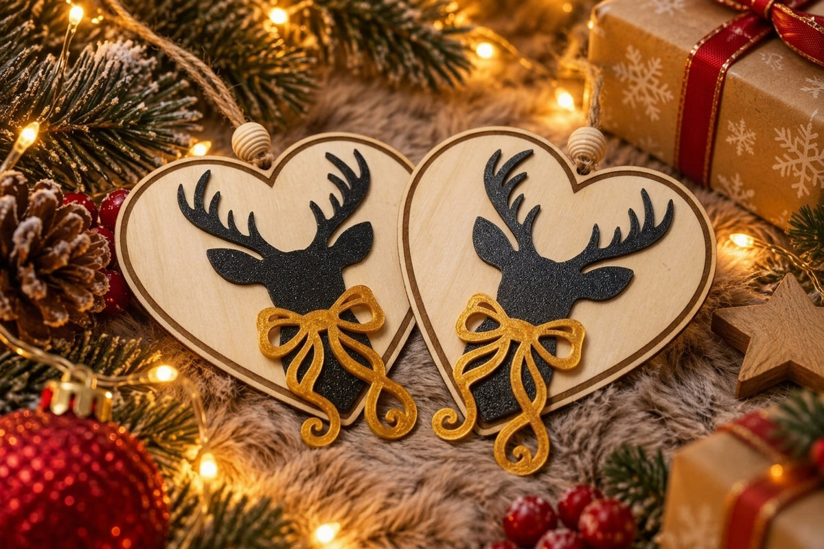 Weihnachtsanhänger Herz mit Hirsch – 2er-Set, 9 cm, Schwarz & Gold