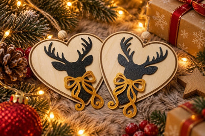 Weihnachtsanhänger Herz mit Hirsch – 2er-Set, 9 cm, Schwarz & Gold