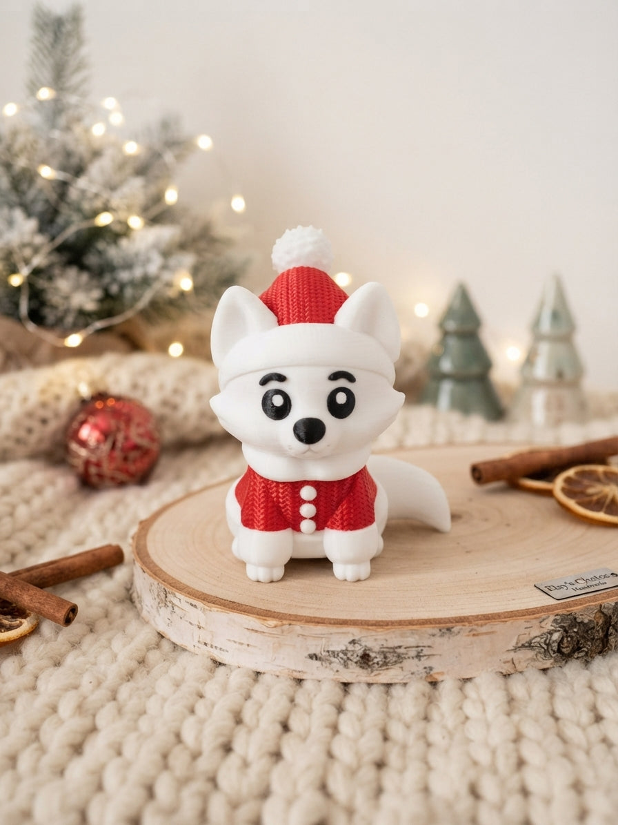 Weiße Fuchs-Figur mit roter Weihnachtsmütze und rotem Oberteil auf winterlich dekoriertem Tisch