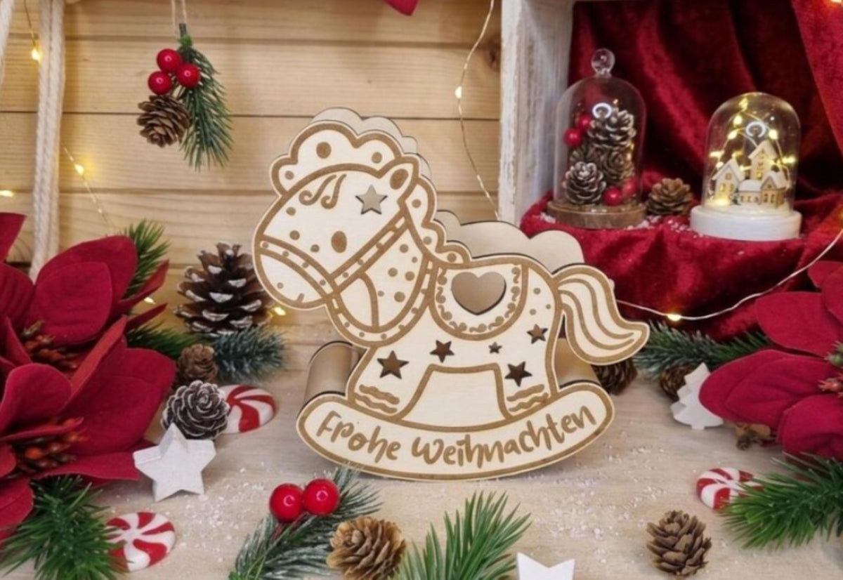 Schaukelpferd Teelicht „Frohe Weihnachten“ - Holz Weihnachtsdeko
