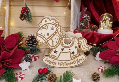 Schaukelpferd Teelicht „Frohe Weihnachten“ - Holz Weihnachtsdeko
