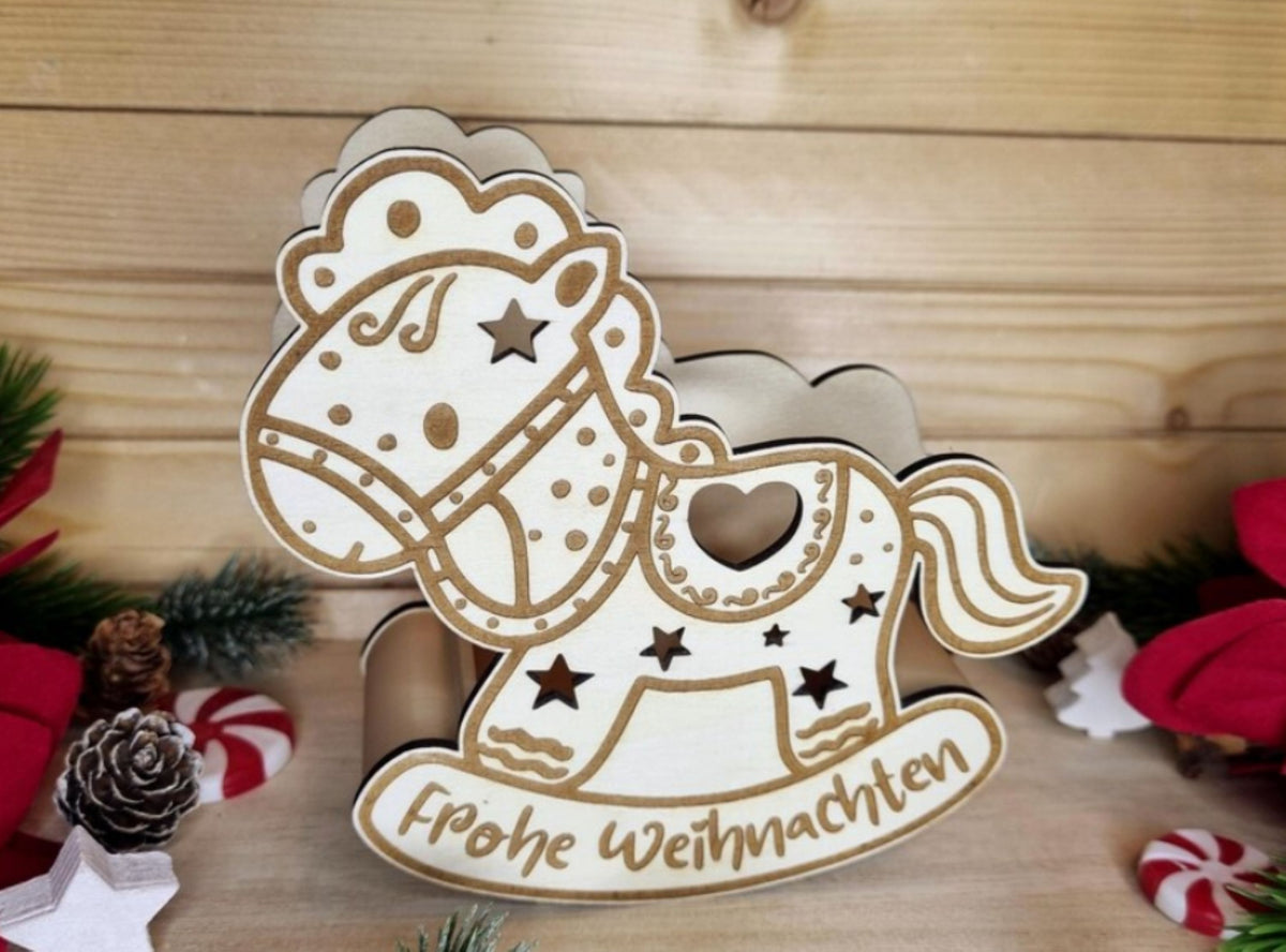 Schaukelpferd Teelicht „Frohe Weihnachten“ - Holz Weihnachtsdeko