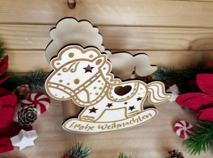 Schaukelpferd Teelicht „Frohe Weihnachten“ - Holz Weihnachtsdeko