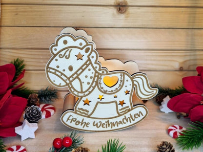 Schaukelpferd Teelicht „Frohe Weihnachten“ - Holz Weihnachtsdeko