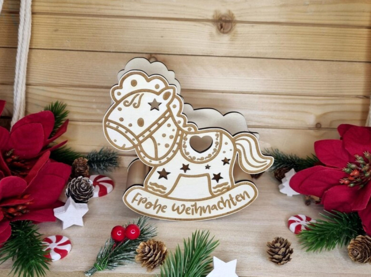 Schaukelpferd Teelicht „Frohe Weihnachten“ - Holz Weihnachtsdeko
