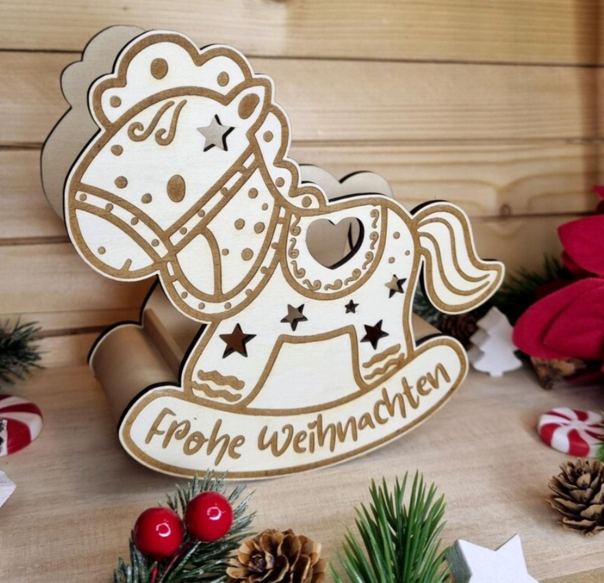 Schaukelpferd Teelicht „Frohe Weihnachten“ - Holz Weihnachtsdeko