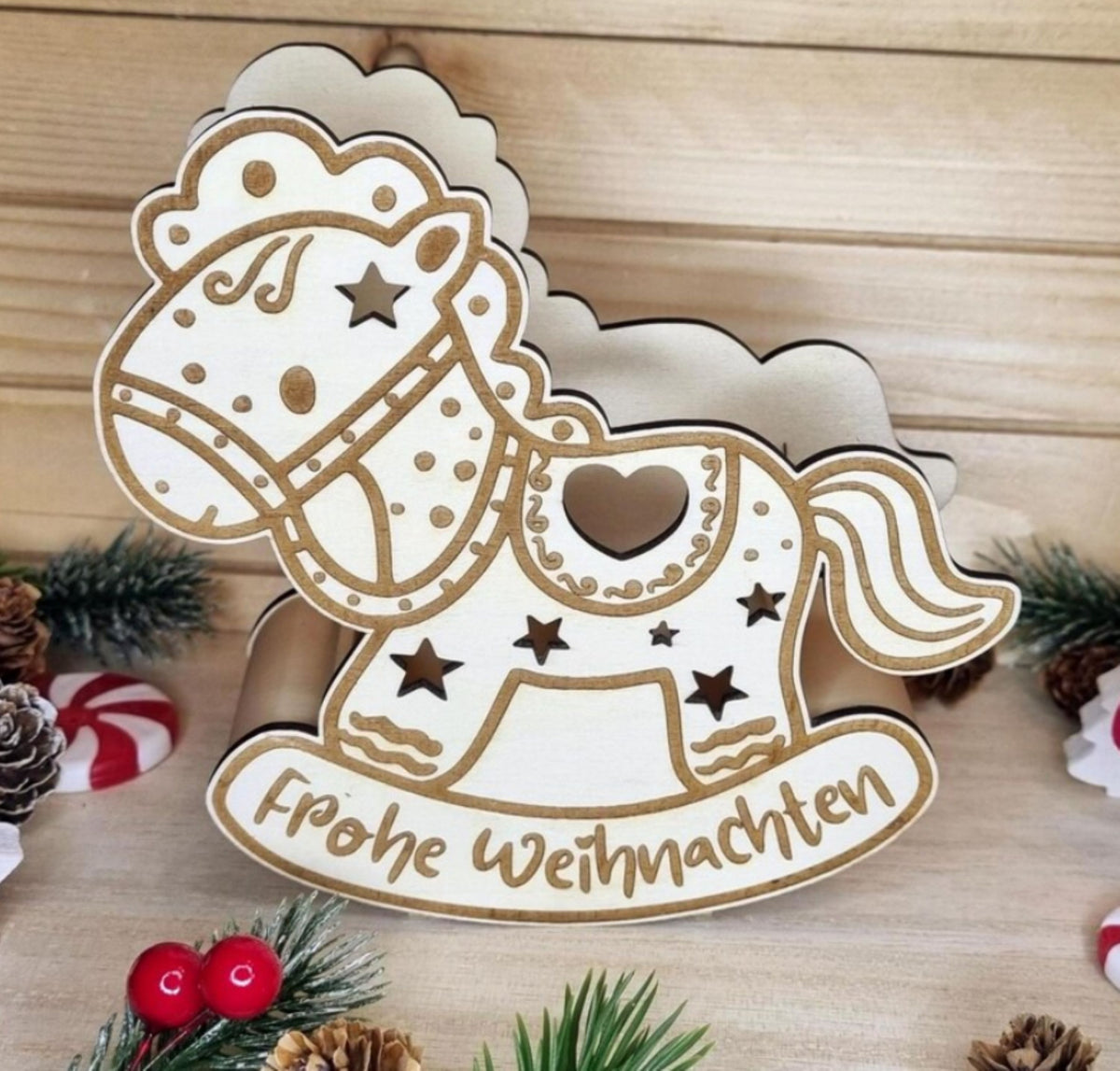 Schaukelpferd Teelicht „Frohe Weihnachten“ - Holz Weihnachtsdeko