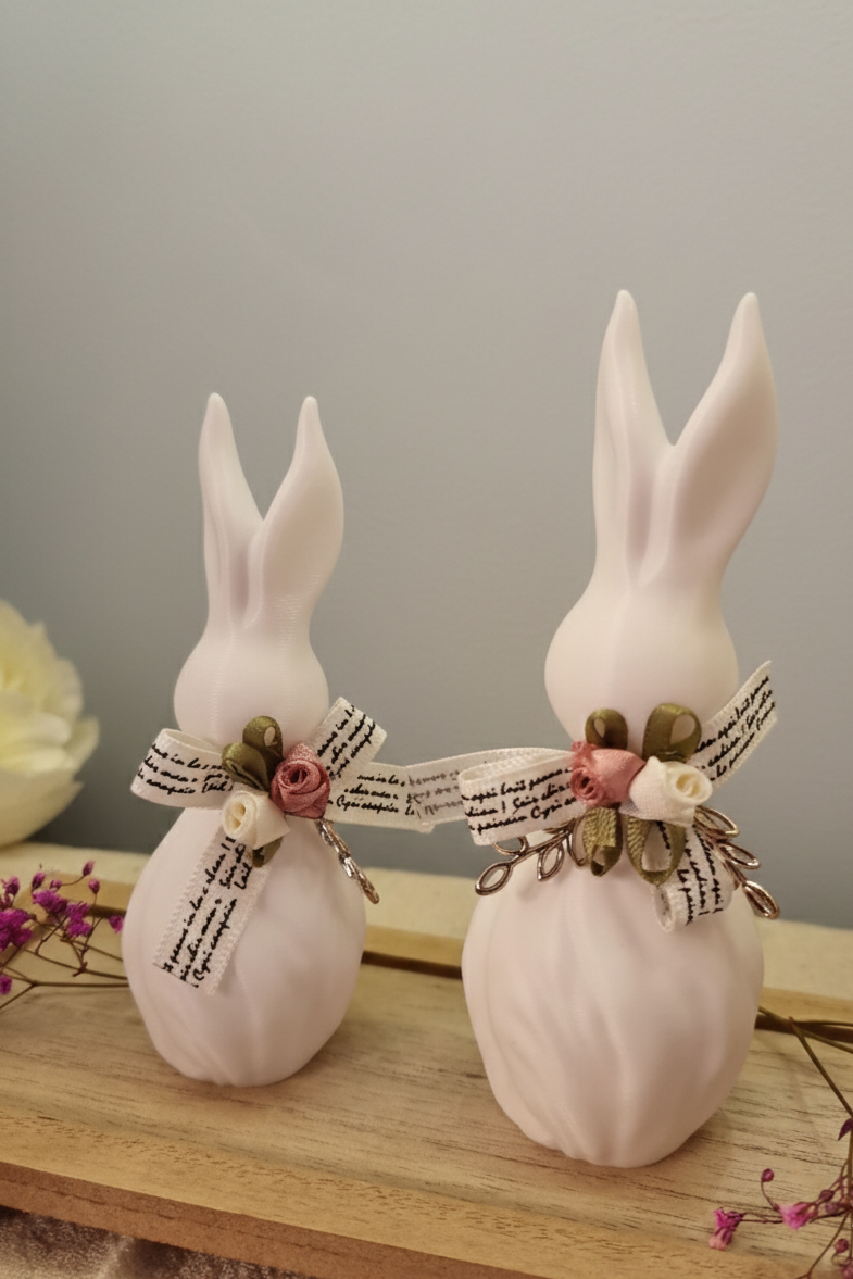 Weiße Osterhasen 2er-Set - Moderne Frühlingsdeko mit Bändern - 3D-gedruckt