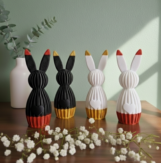 3D-gedruckte Osterhasen – moderne Osterdeko in Schwarz, Weiß, Gold und Rot