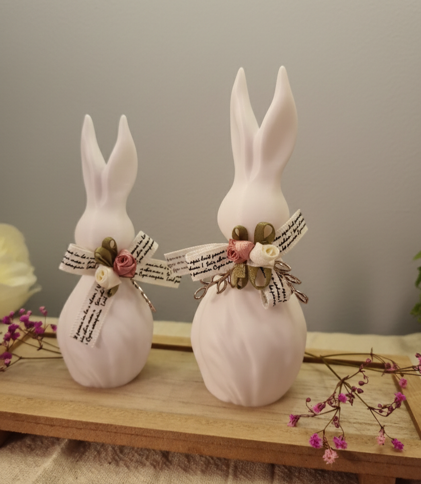 Weiße Osterhasen 2er-Set - Moderne Frühlingsdeko mit Bändern - 3D-gedruckt