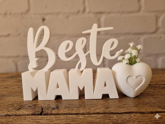 Muttertag Geschenk Aufsteller „Beste Mama“ mit Herz-Vase – 3D Druck Deko inkl. Kunstblumen – Geschenkidee Mama