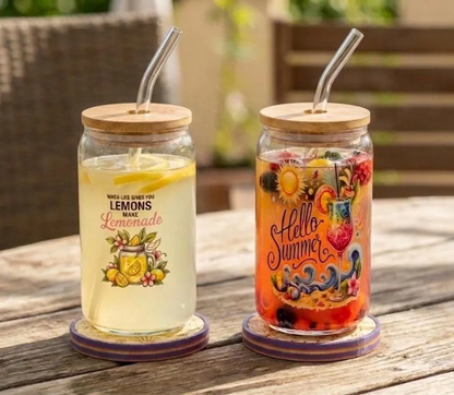 Glasbecher Sommer 473ml - Trinkglas Bambus Deckel Strohhalm - Sommergeschenk