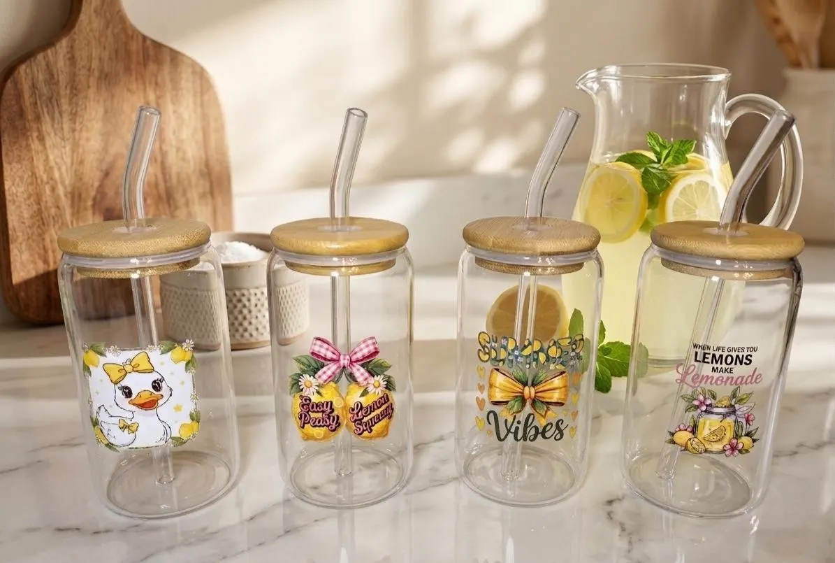 Glasbecher Zitrone mit Deckel und Strohhalm – Summer Vibes | Lemon Squeezy | Eiskaffee Glas
