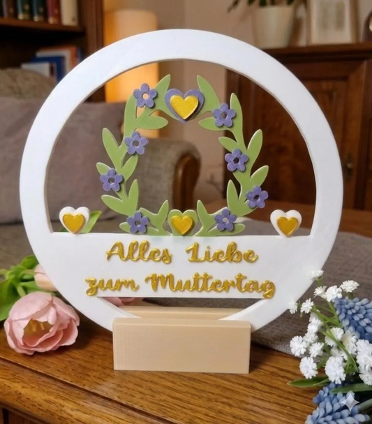 Muttertagsgeschenk 3D Druck Aufsteller Ring – Beste Mama / Alles Liebe zum Muttertag – Deko Weiß Gold Blumenkranz